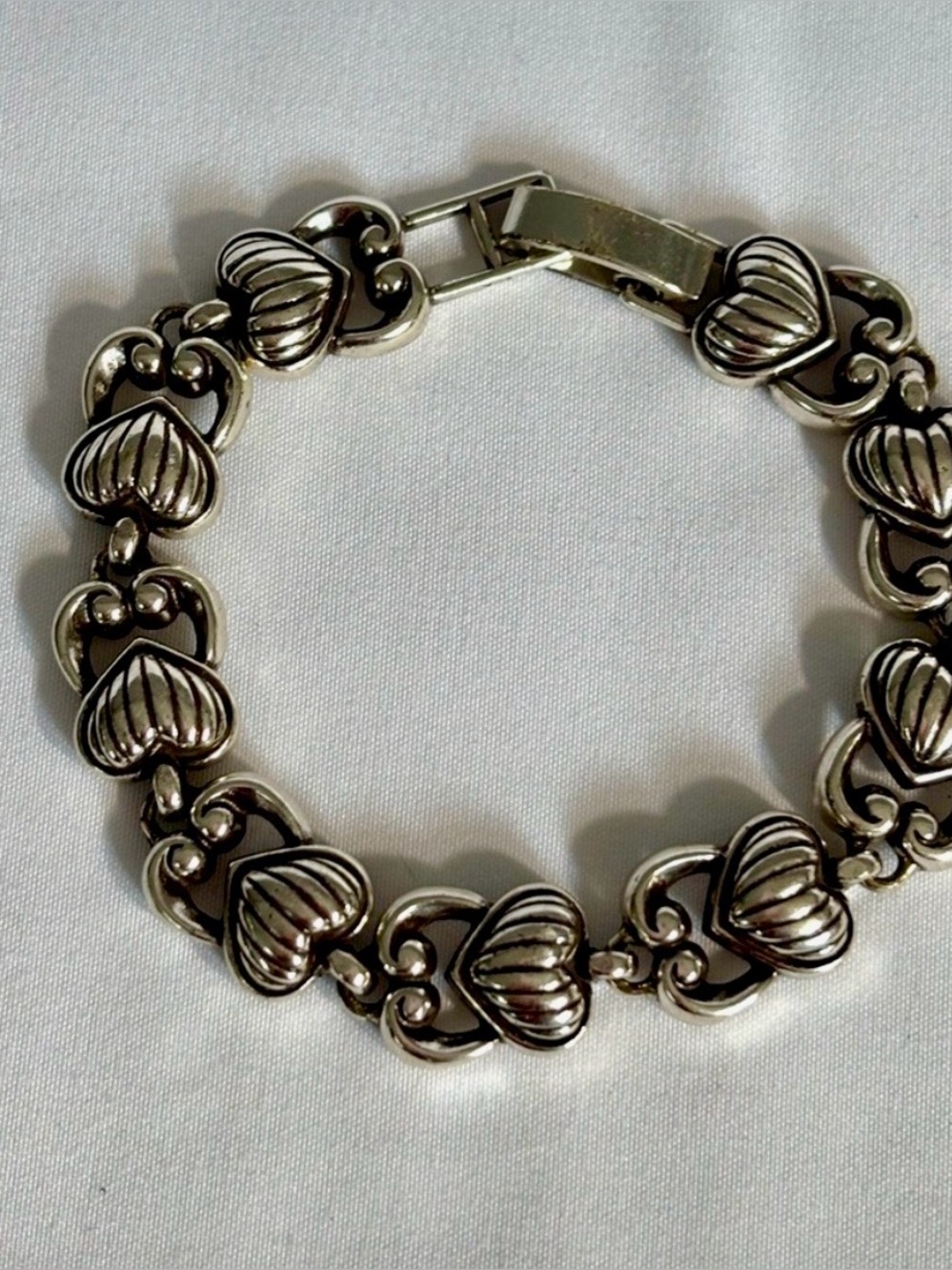 Brighton Penelope Fluted Puffed Heart Link Bracelet Silver Plated  Retired 7.5